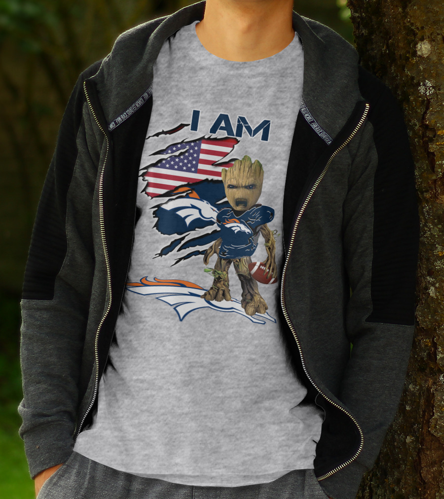 I Am Broncos Baby Groot American Flag Football T-Shirt