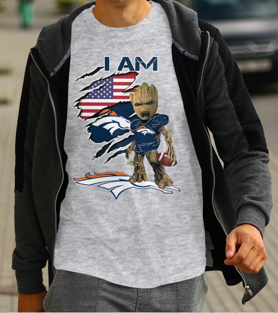 I Am Broncos Baby Groot American Flag Football T-Shirt