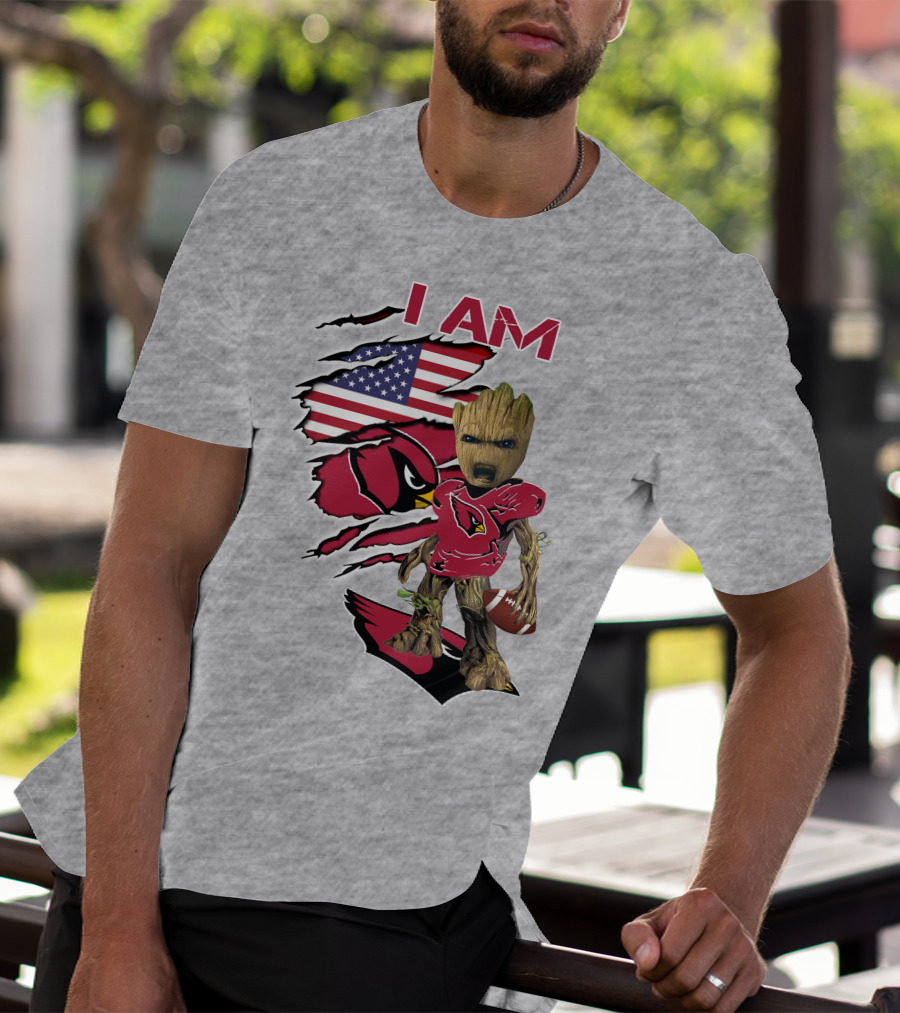 I Am Cardinals Baby Groot American Flag Football T-Shirt