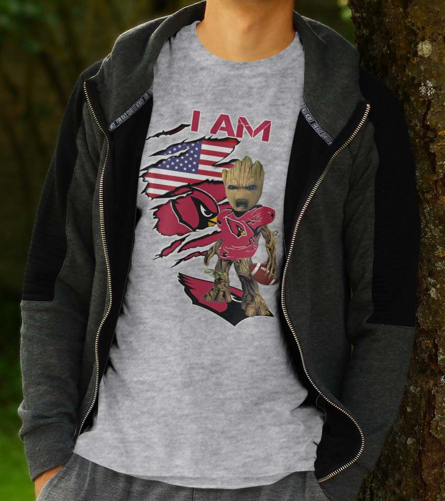 I Am Cardinals Baby Groot American Flag Football T-Shirt