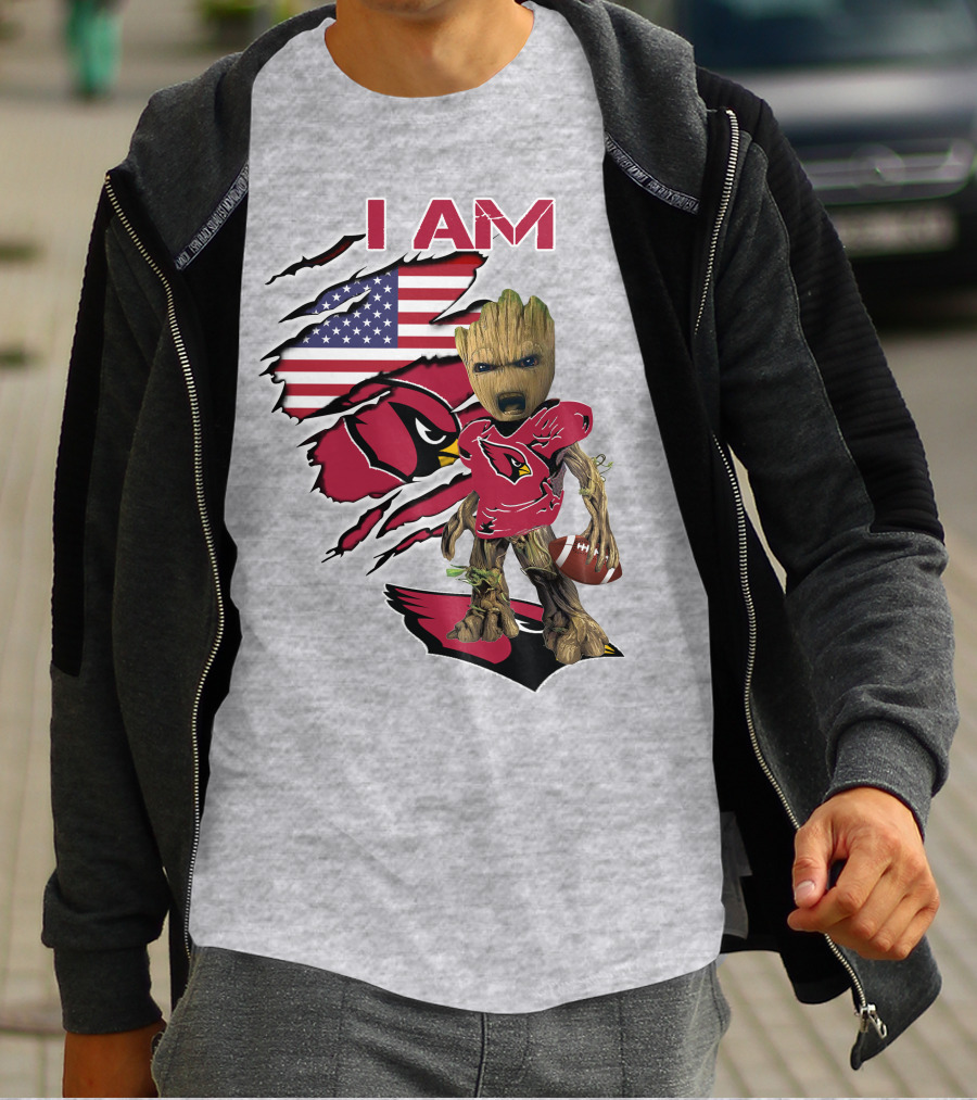 I Am Cardinals Baby Groot American Flag Football T-Shirt