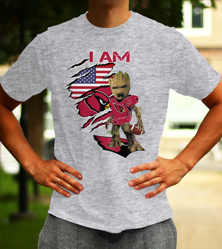 I Am Cardinals Baby Groot American Flag Football T-Shirt