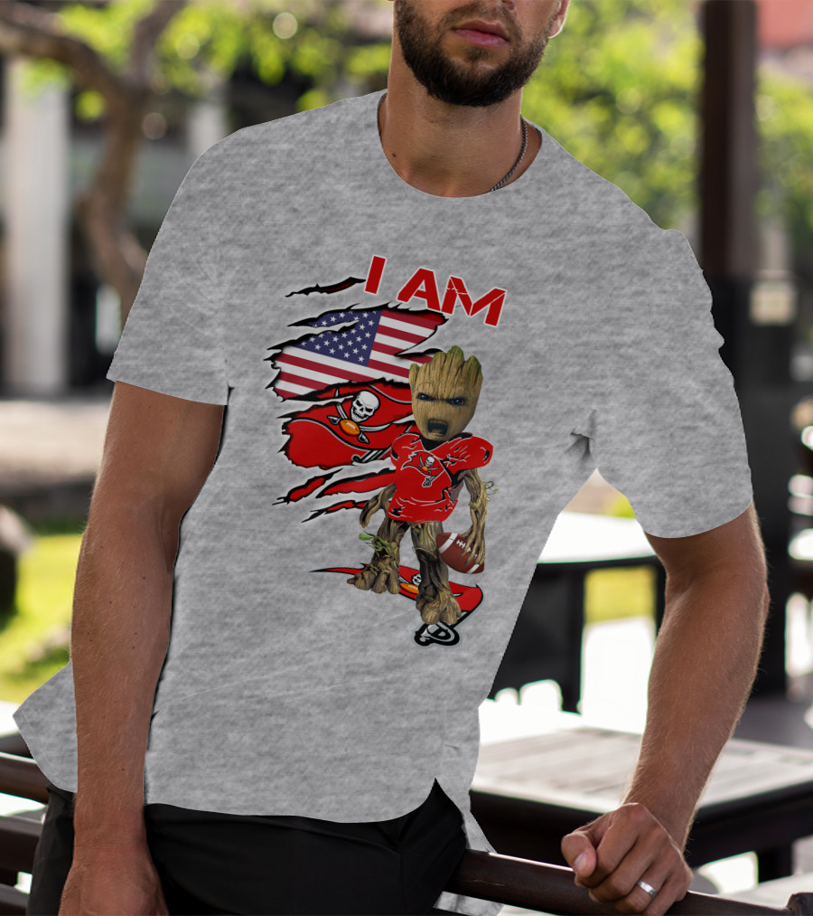 I Am Buc Baby Groot American Flag Football Buccaneers T-Shirt