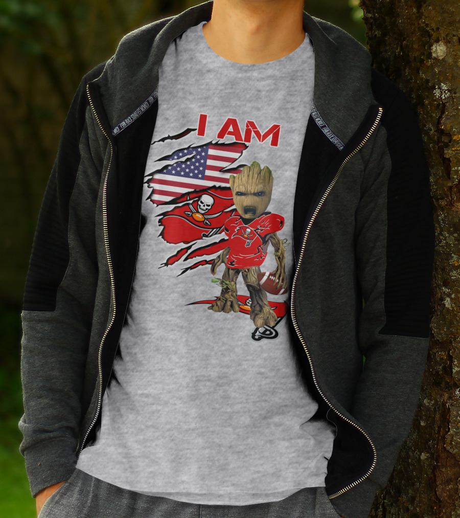 I Am Buc Baby Groot American Flag Football Buccaneers T-Shirt