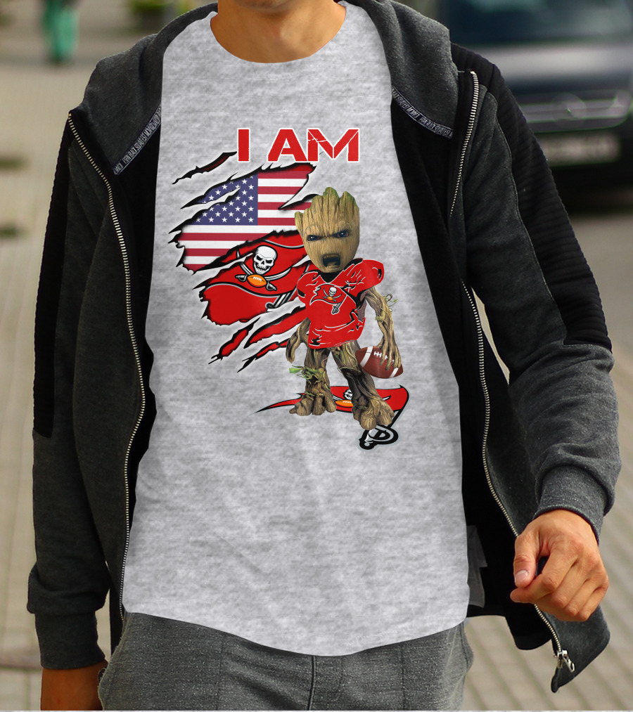 I Am Buc Baby Groot American Flag Football Buccaneers T-Shirt