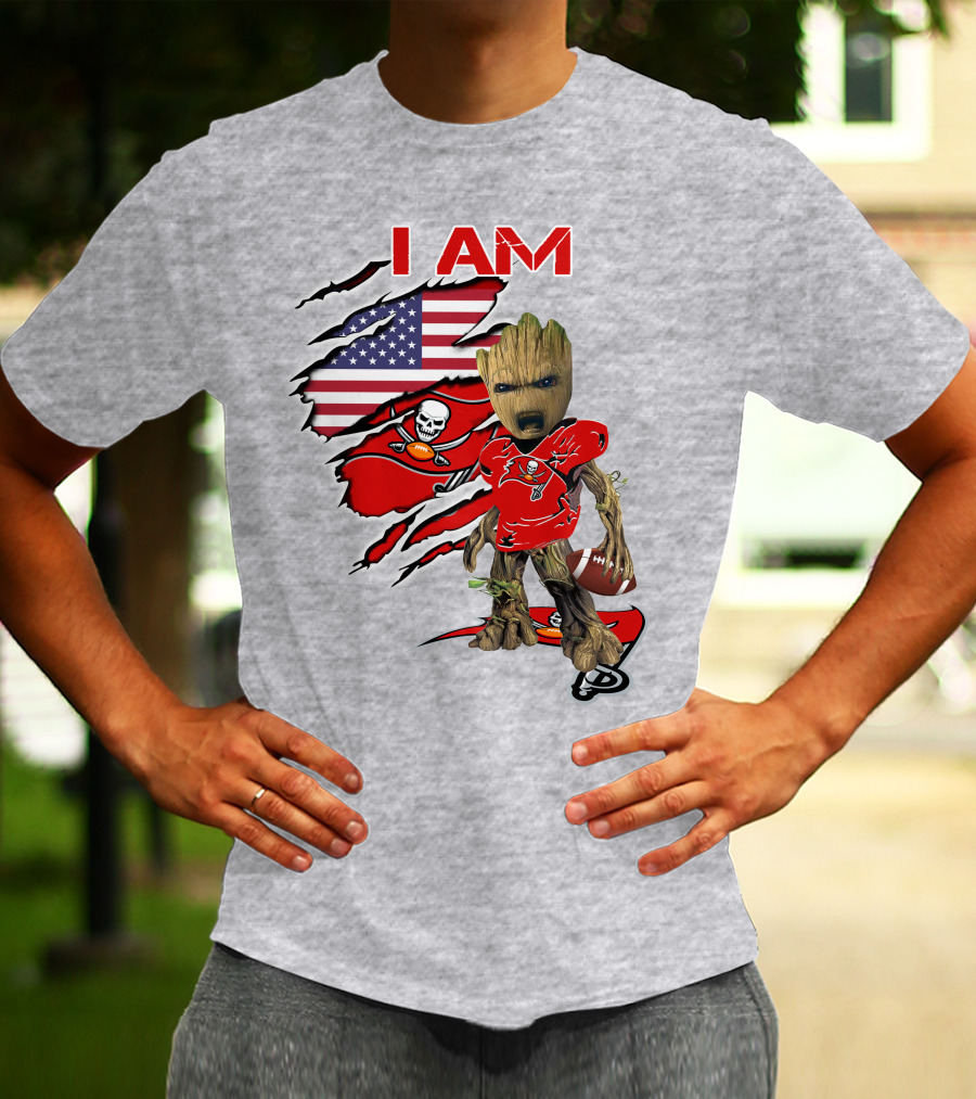 I Am Buc Baby Groot American Flag Football Buccaneers T-Shirt