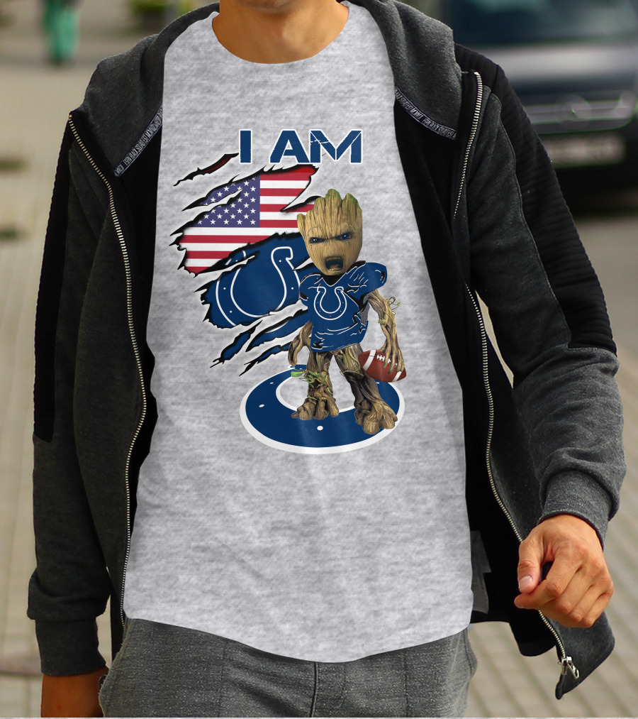 I Am Baby Groot Colts American Flag Football T-Shirt