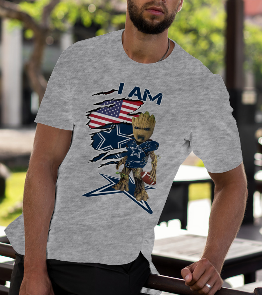 I Am Baby Groot Cowboys Fan With American Flag And Football T-Shirt