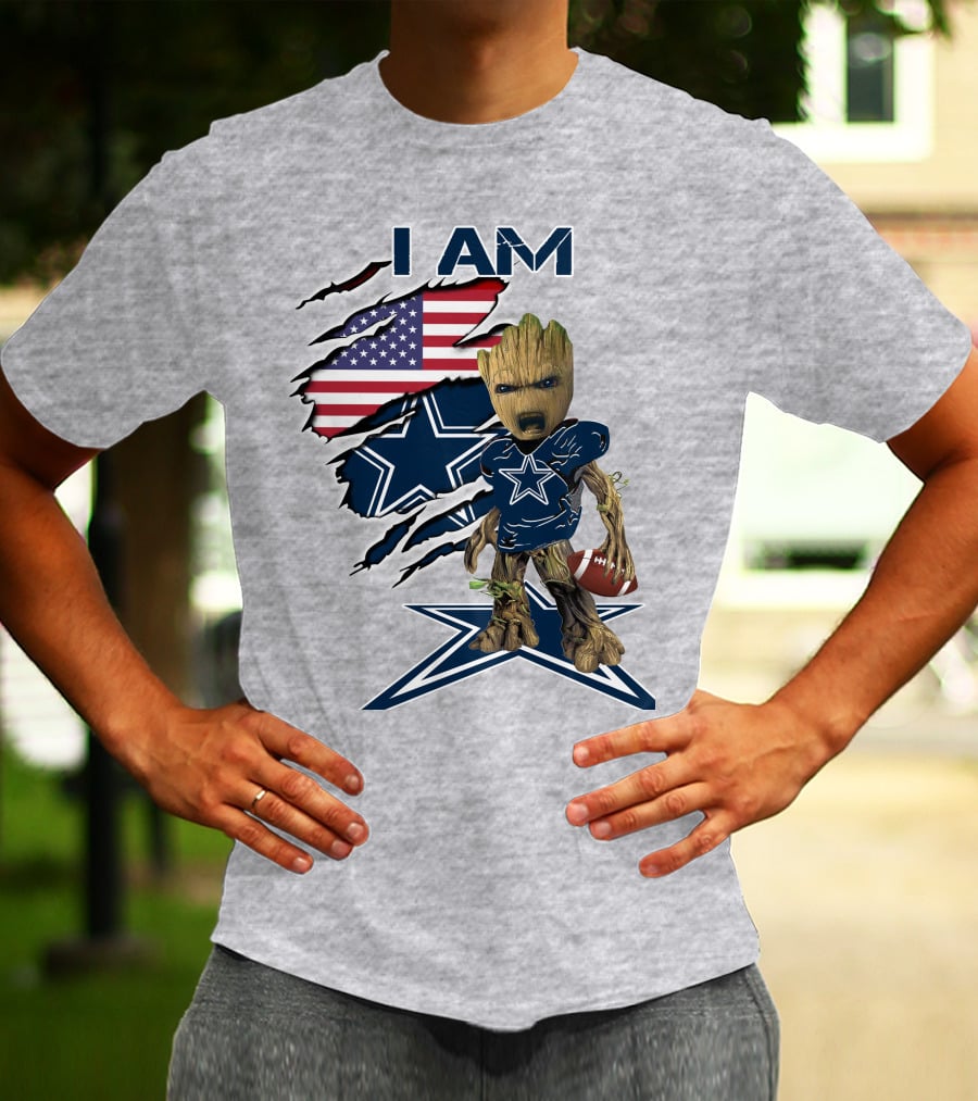 I Am Baby Groot Cowboys Fan With American Flag And Football T-Shirt