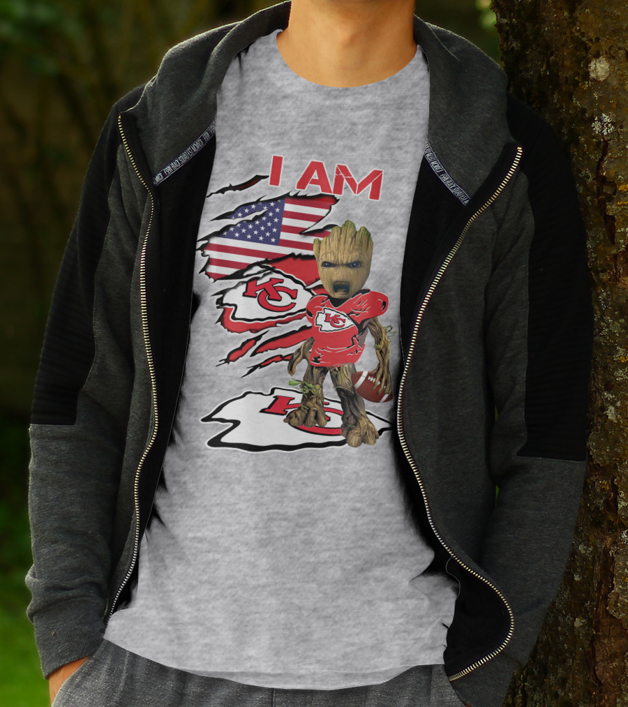 I Am Chiefs Baby Groot Kansas City Football American Flag T-Shirt