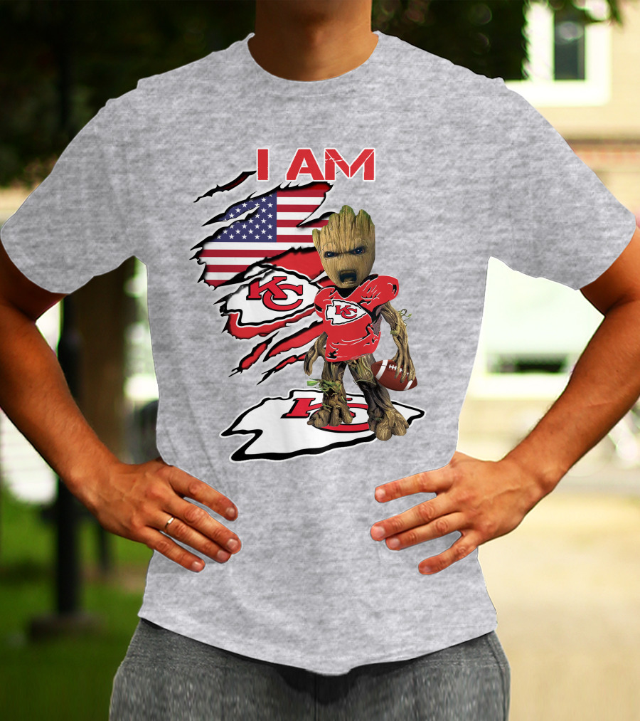 I Am Chiefs Baby Groot Kansas City Football American Flag T-Shirt