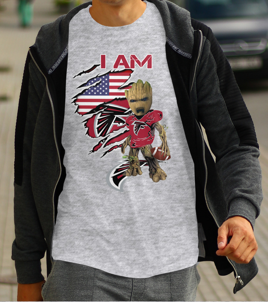 I Am Falcons Baby Groot Usa Flag Football T-Shirt