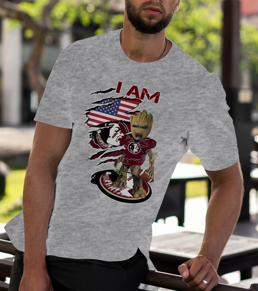 I AM Florida State Baby Groot Football American Flag T-Shirt