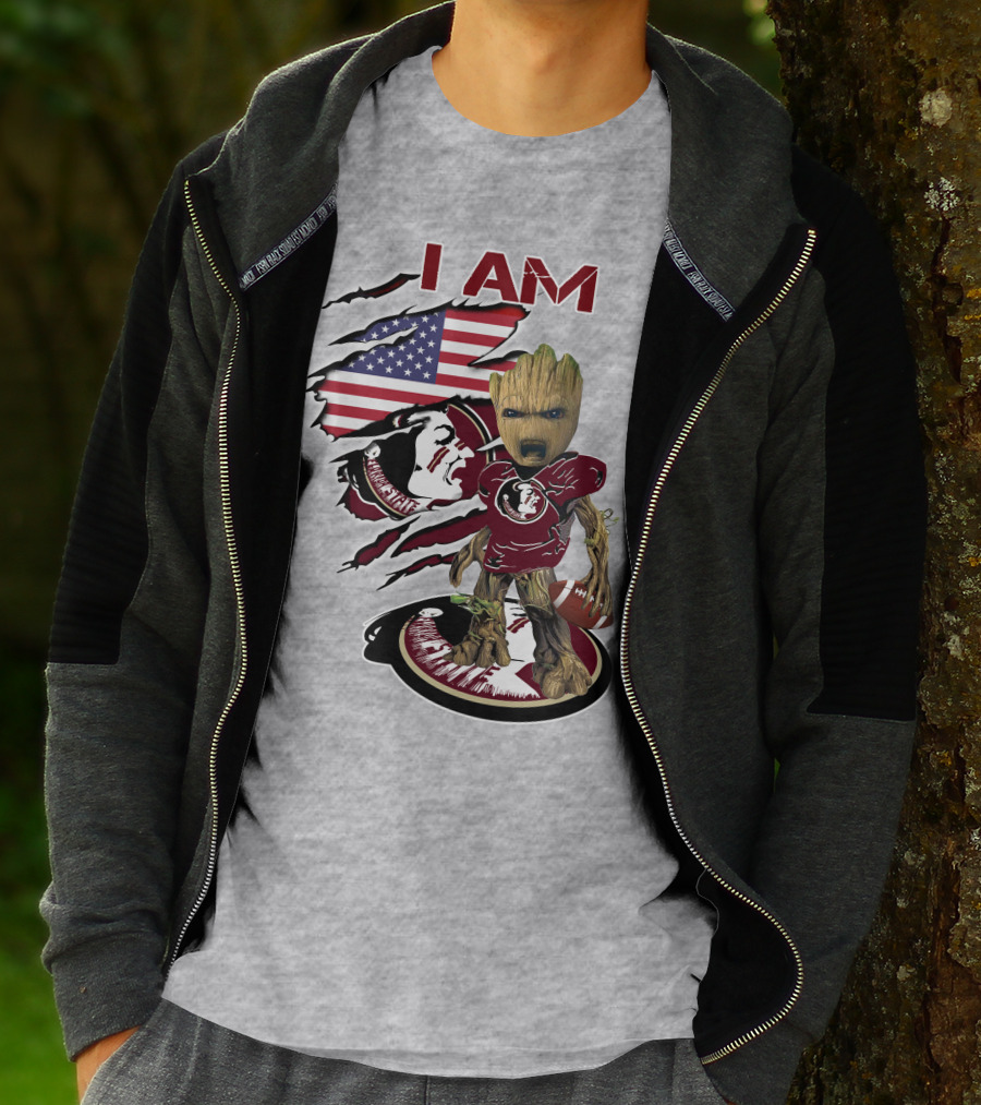 I AM Florida State Baby Groot Football American Flag T-Shirt