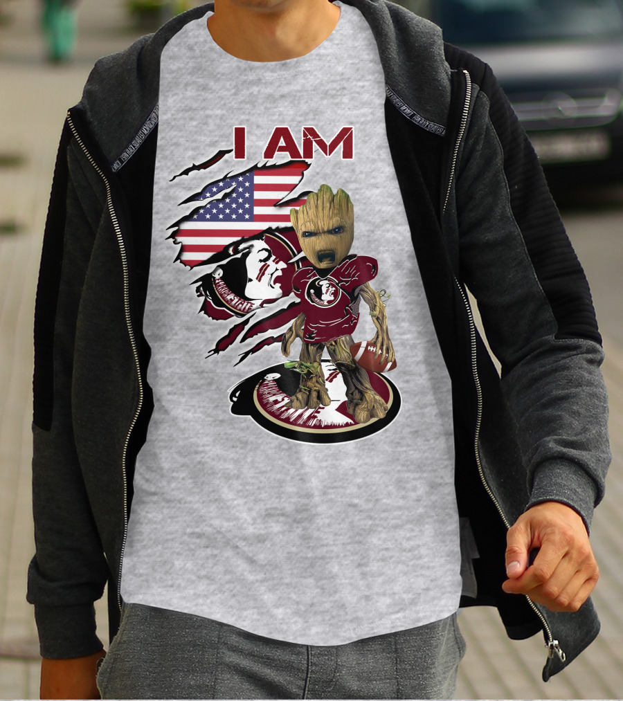 I AM Florida State Baby Groot Football American Flag T-Shirt