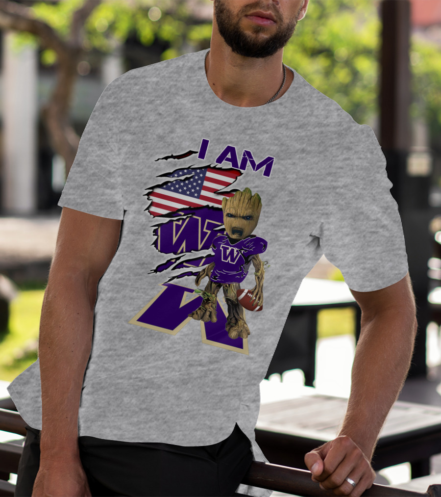 I AM Huskies Baby Groot Football USA Flag T-Shirt