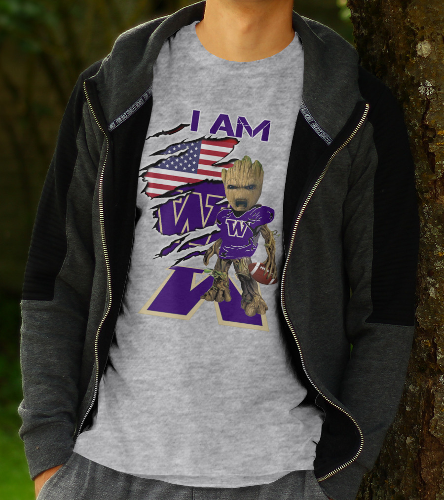 I AM Huskies Baby Groot Football USA Flag T-Shirt