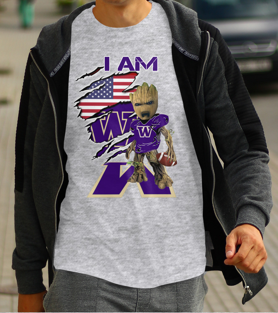 I AM Huskies Baby Groot Football USA Flag T-Shirt