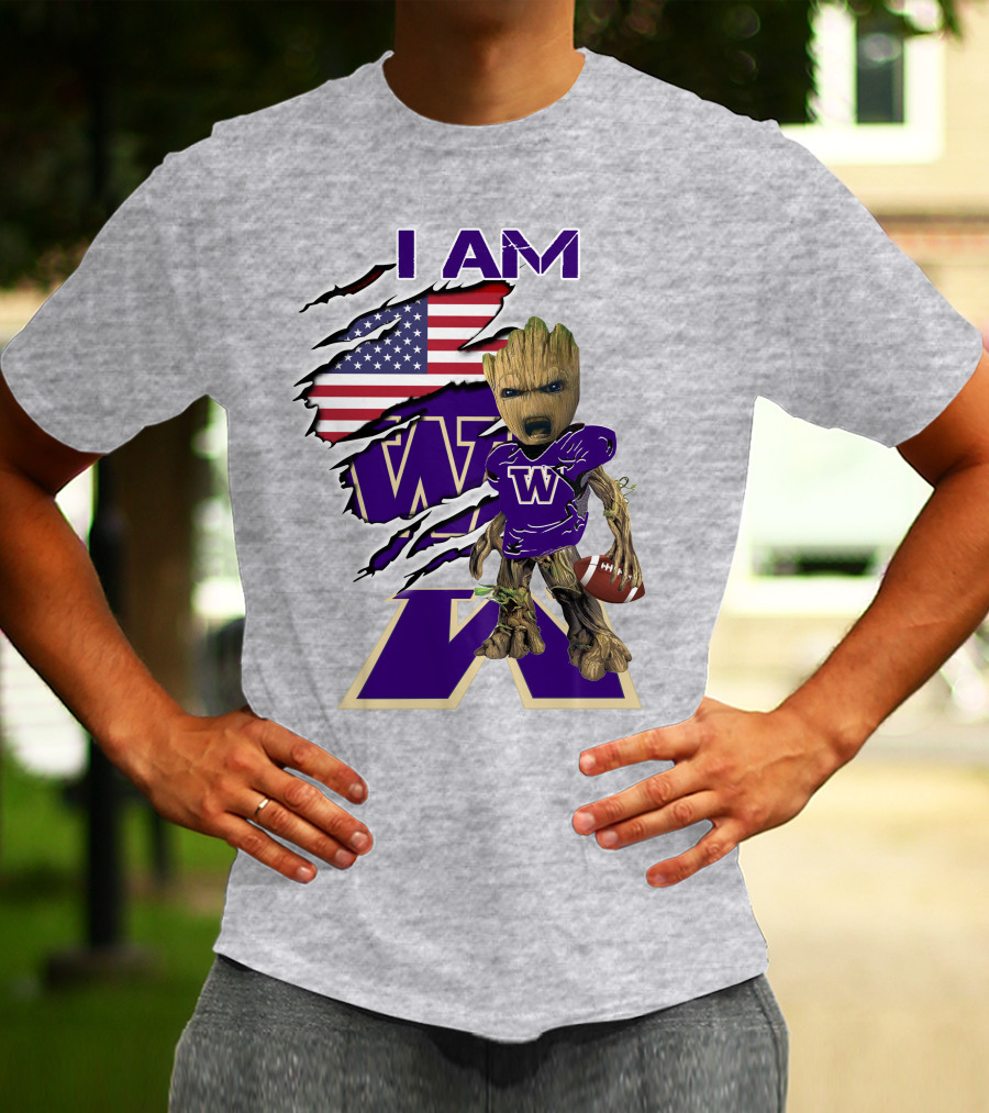 I AM Huskies Baby Groot Football USA Flag T-Shirt