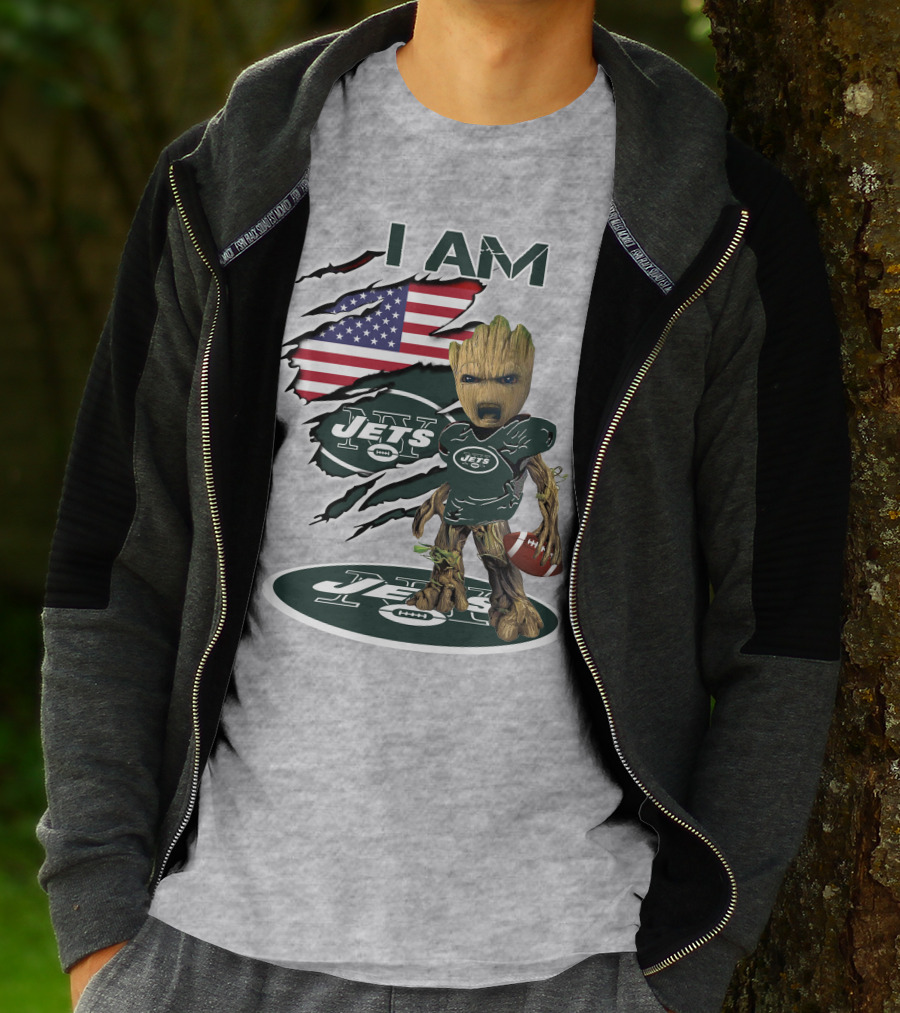 I Am Jets Baby Groot American Flag Football Fan T-Shirt