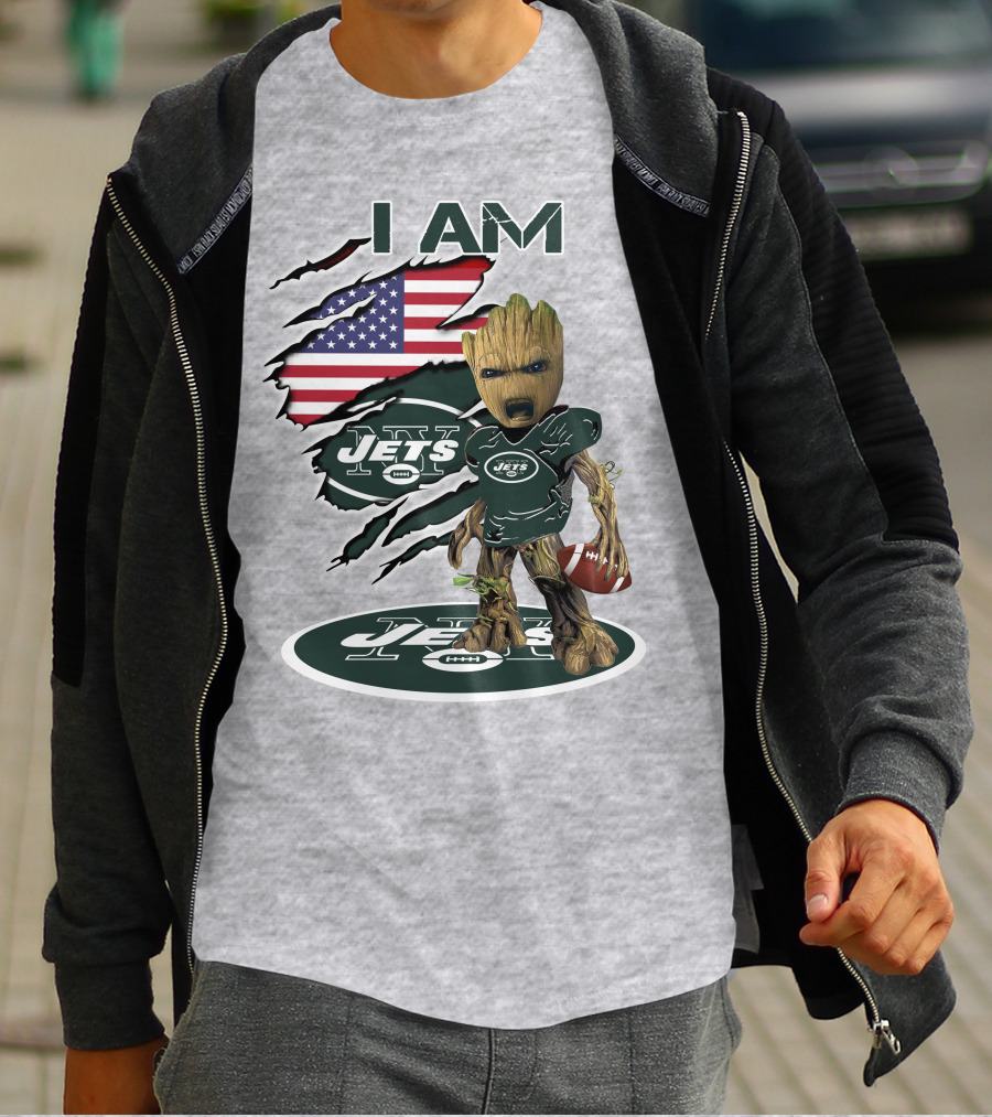 I Am Jets Baby Groot American Flag Football Fan T-Shirt