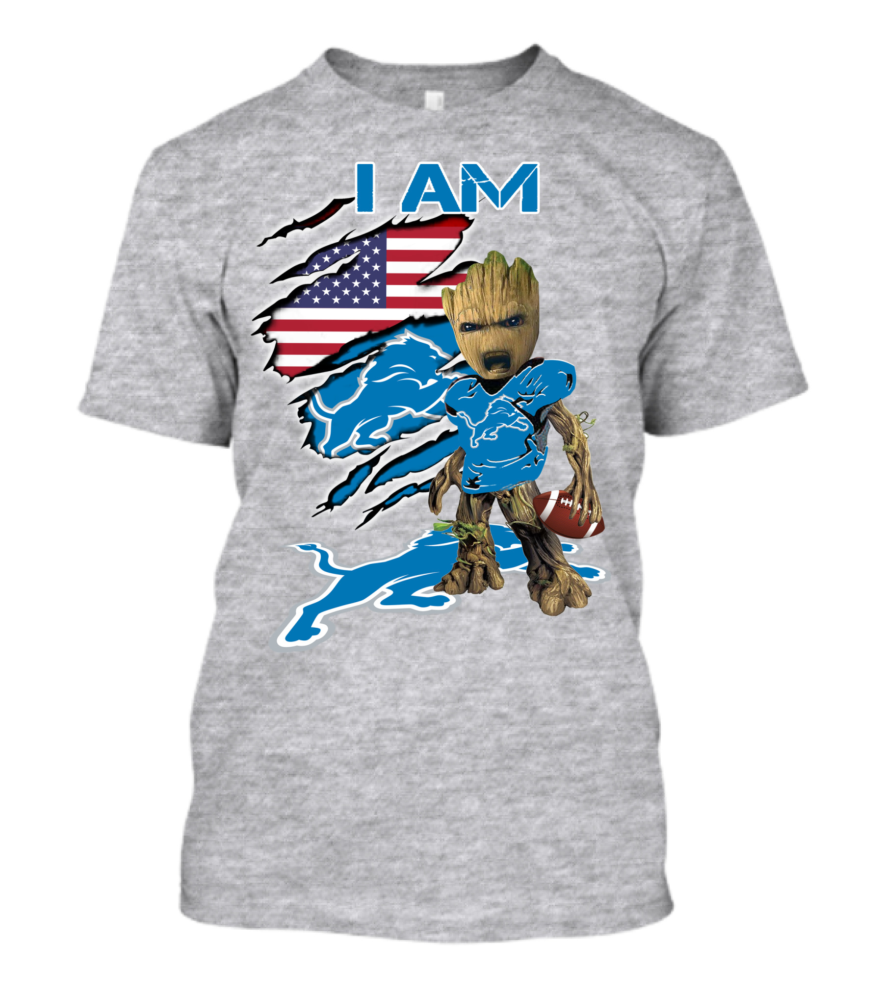 I Am Lions Baby Groot Football American Flag T-Shirt