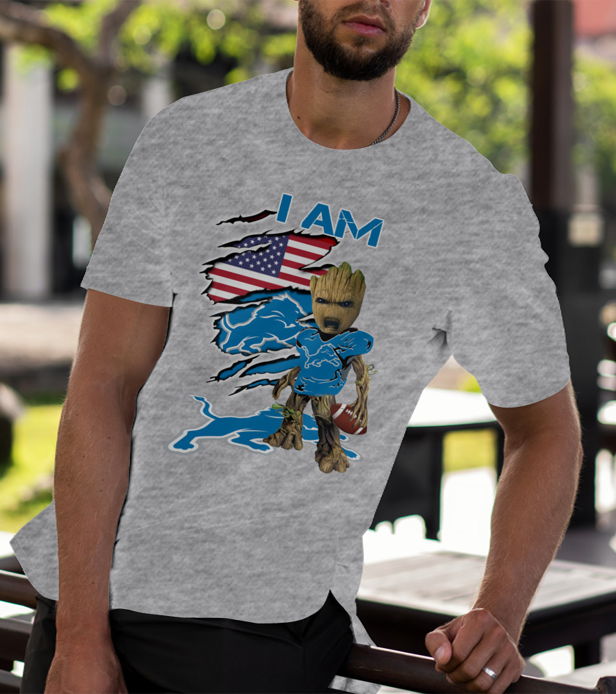 I Am Lions Baby Groot Football American Flag T-Shirt