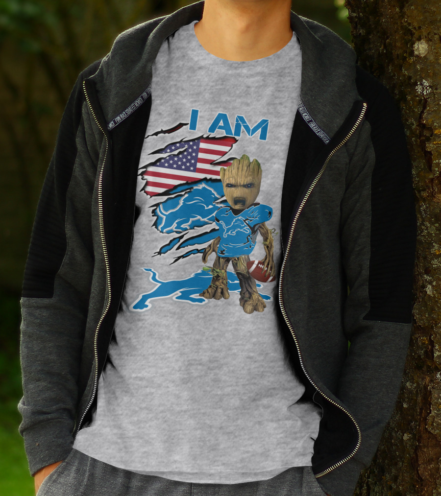 I Am Lions Baby Groot Football American Flag T-Shirt