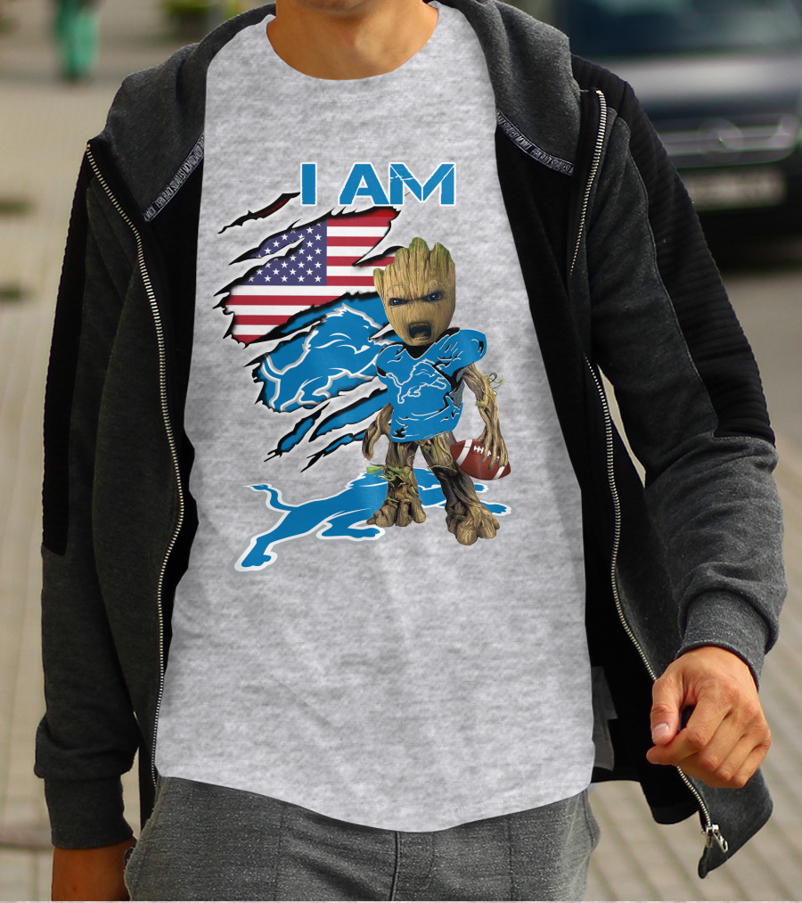I Am Lions Baby Groot Football American Flag T-Shirt