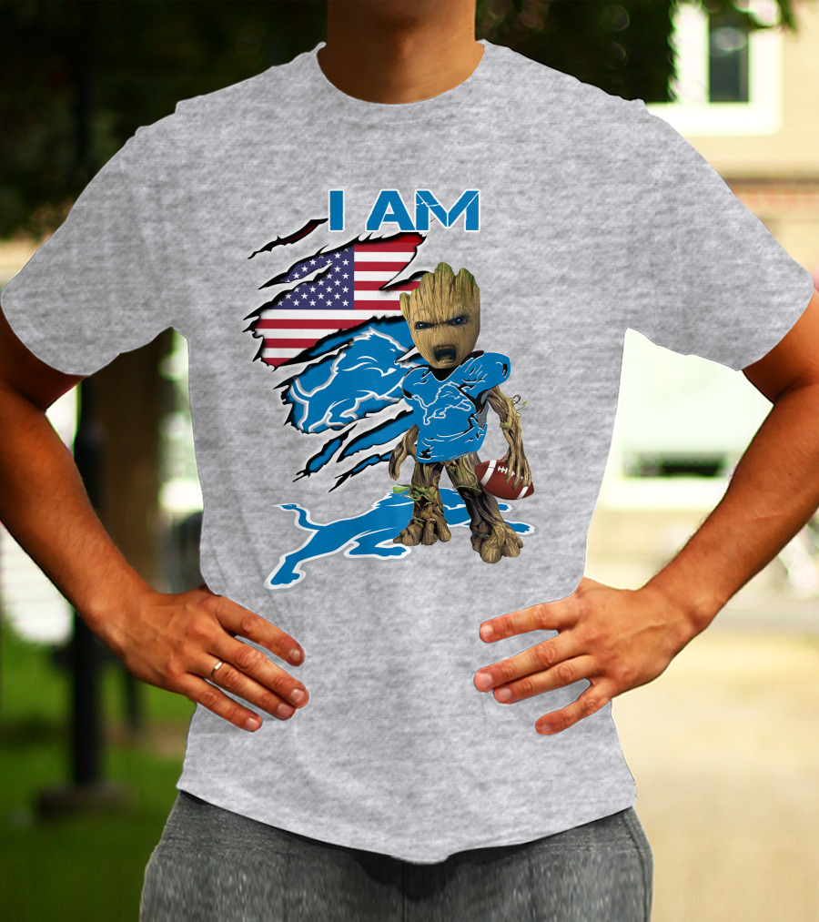 I Am Lions Baby Groot Football American Flag T-Shirt