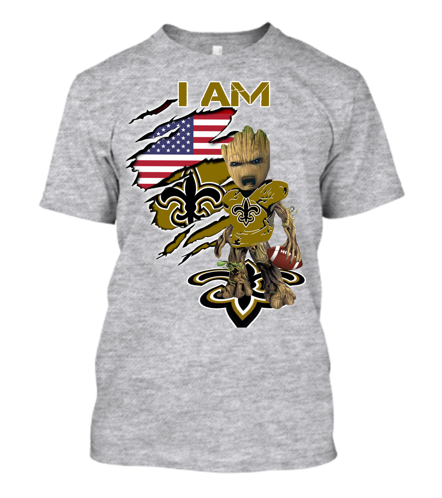 I Am Baby Groot Saints Fleur-De-Lis American Flag Football T-Shirt
