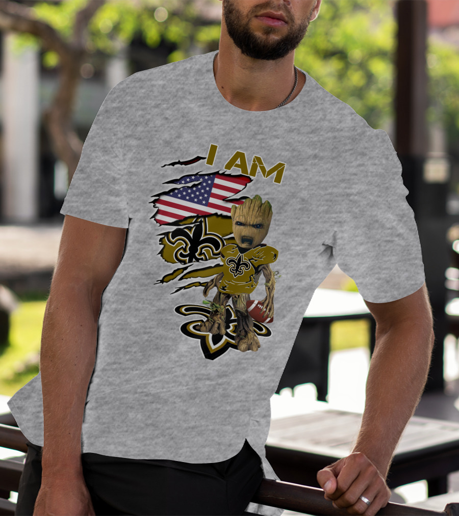 I Am Baby Groot Saints Fleur-De-Lis American Flag Football T-Shirt