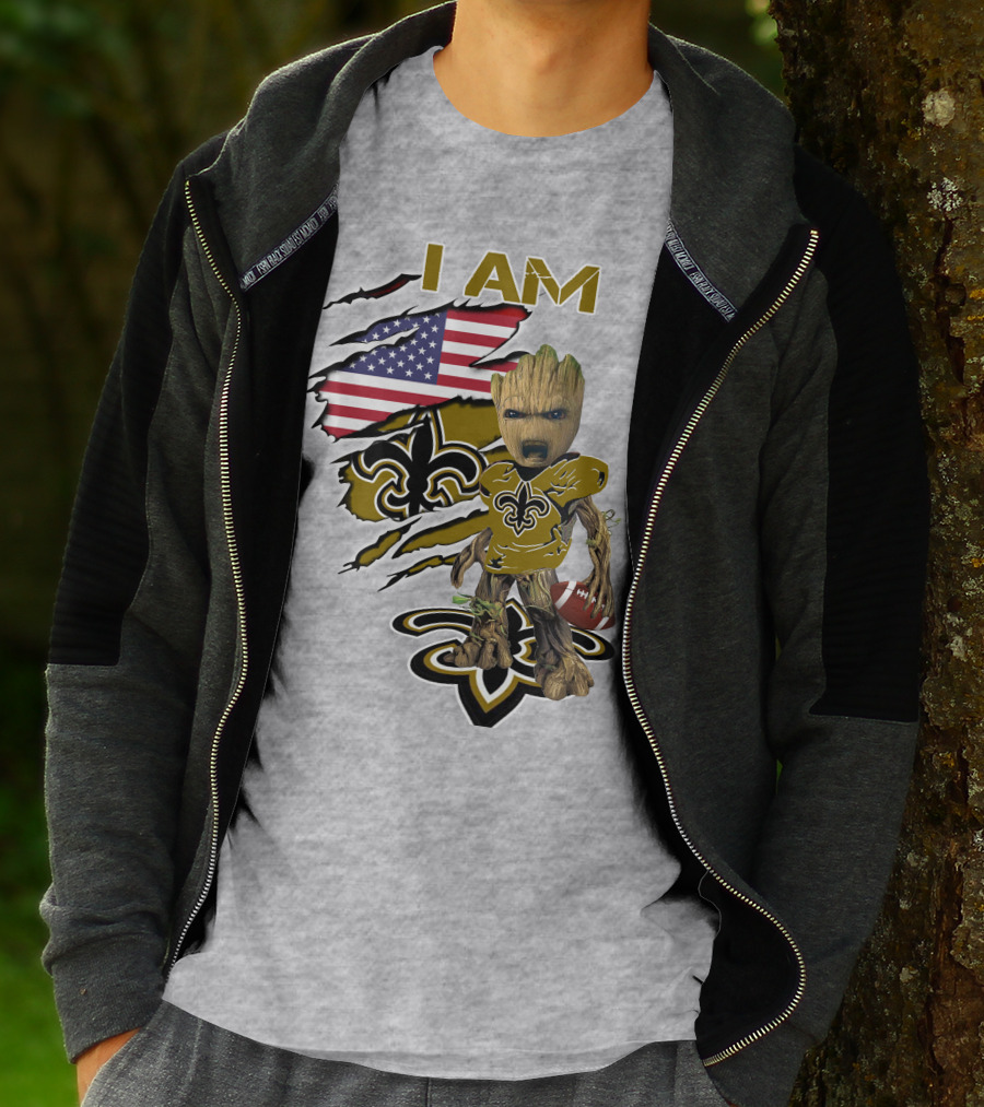I Am Baby Groot Saints Fleur-De-Lis American Flag Football T-Shirt