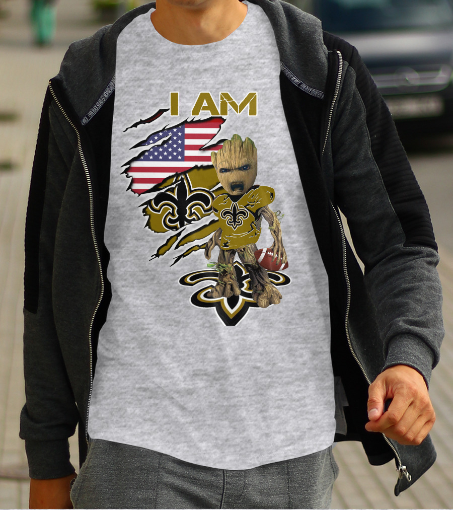 I Am Baby Groot Saints Fleur-De-Lis American Flag Football T-Shirt