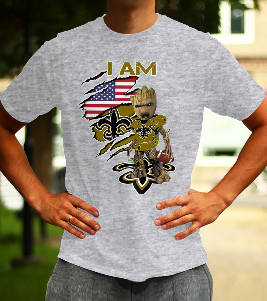 I Am Baby Groot Saints Fleur-De-Lis American Flag Football T-Shirt