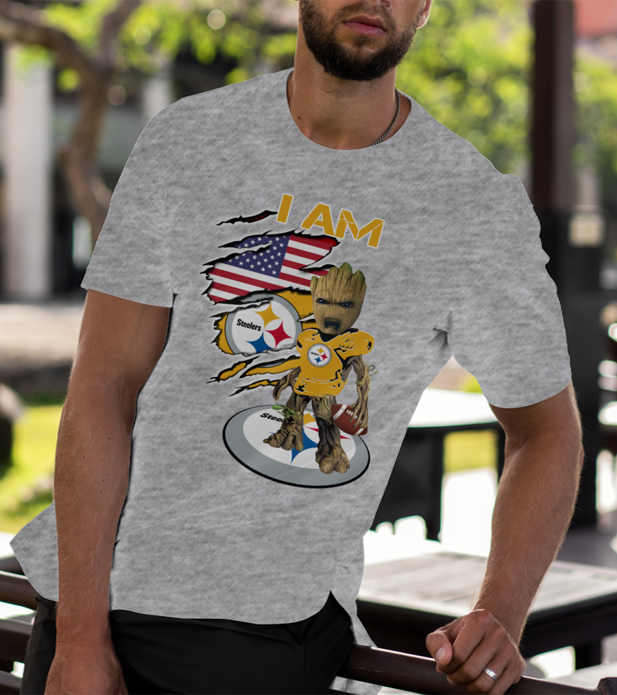 I AM Steelers Baby Groot American Flag Football Fan Gear T-Shirt