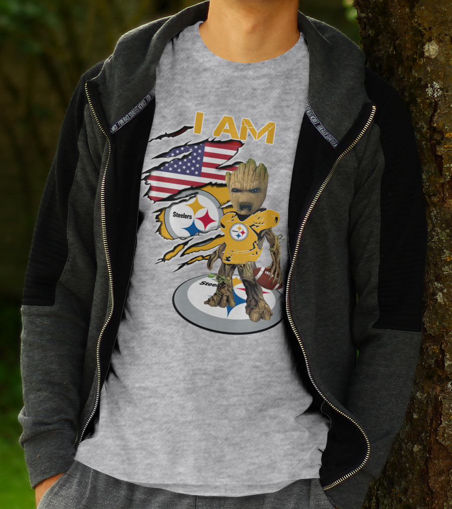 I AM Steelers Baby Groot American Flag Football Fan Gear T-Shirt