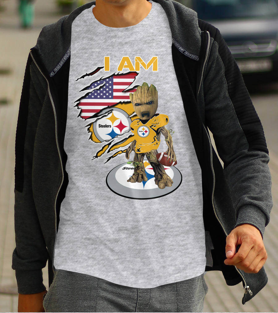 I AM Steelers Baby Groot American Flag Football Fan Gear T-Shirt