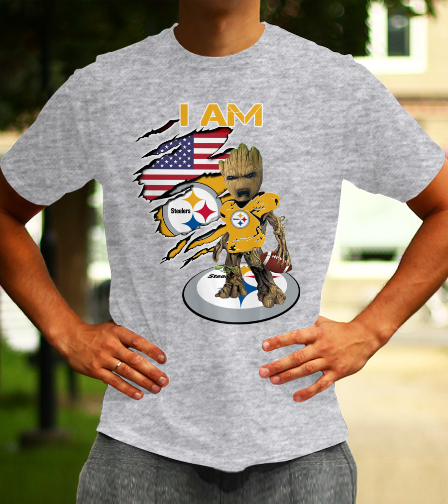 I AM Steelers Baby Groot American Flag Football Fan Gear T-Shirt