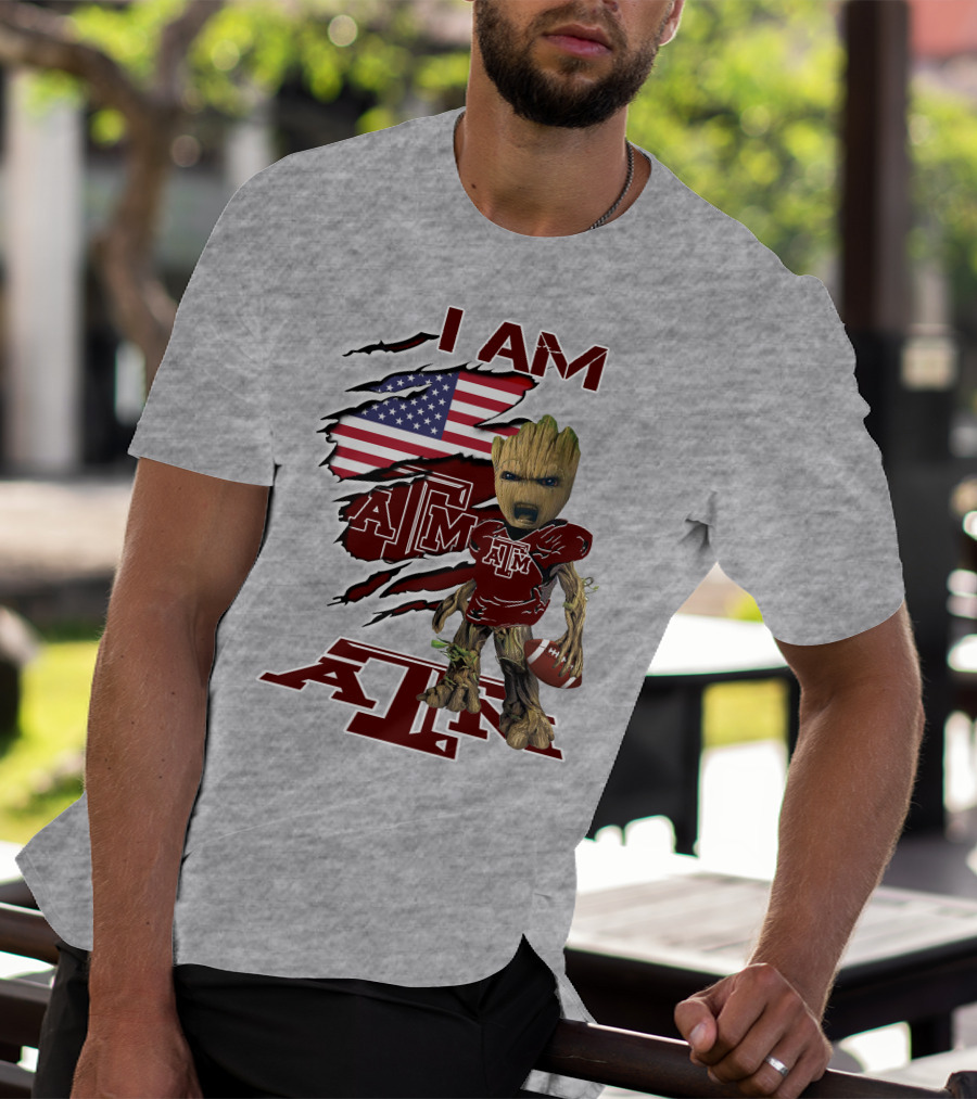 I Am Texas A&M Baby Groot American Flag Football T-Shirt
