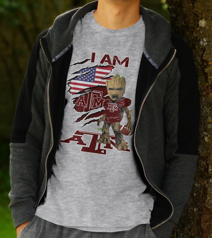 I Am Texas A&M Baby Groot American Flag Football T-Shirt