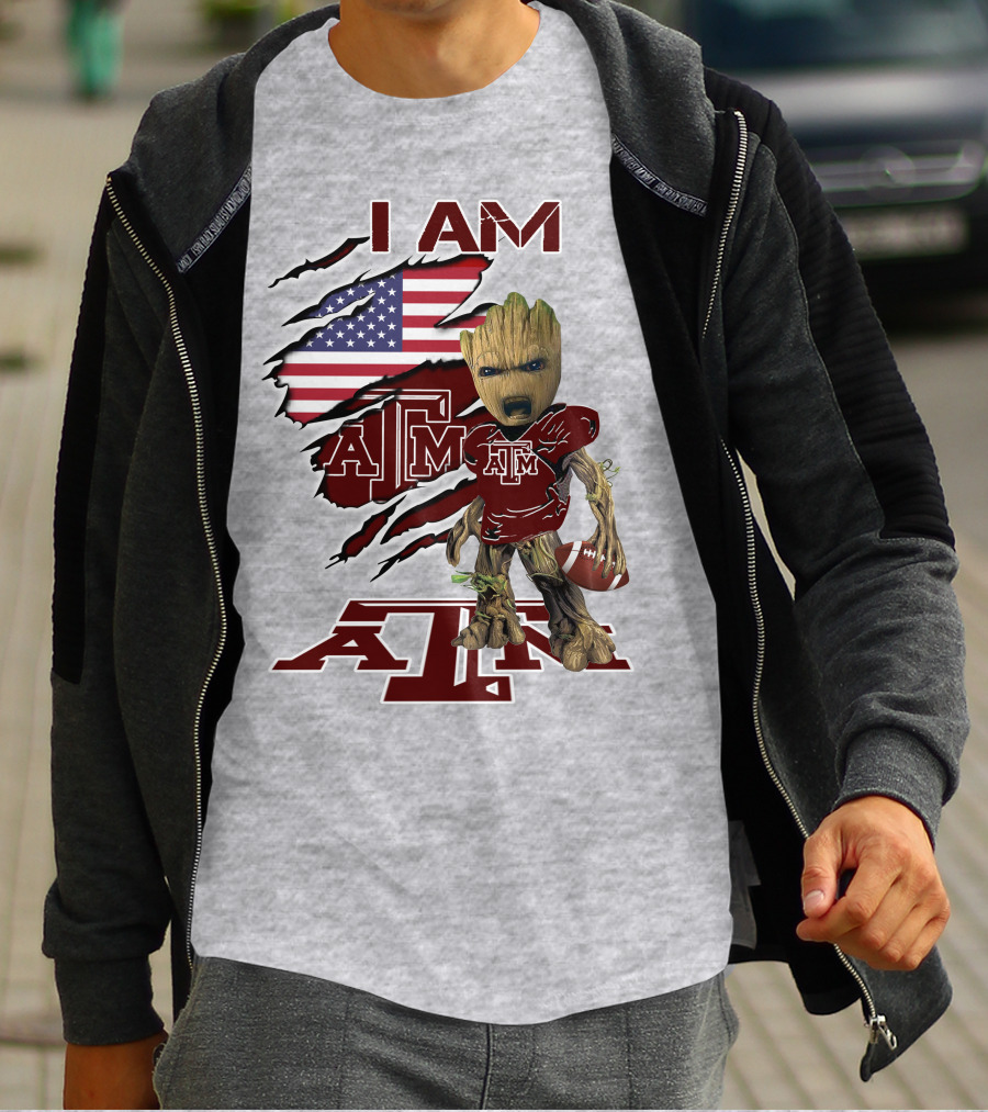 I Am Texas A&M Baby Groot American Flag Football T-Shirt