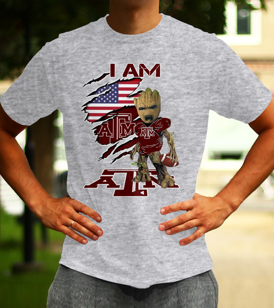 I Am Texas A&M Baby Groot American Flag Football T-Shirt