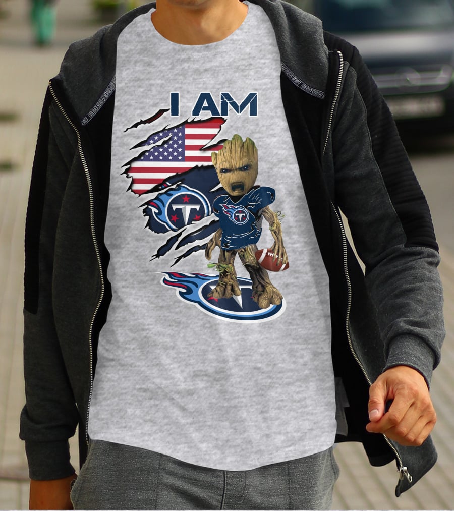 I AM Titans Baby Groot Football USA Flag T-Shirt