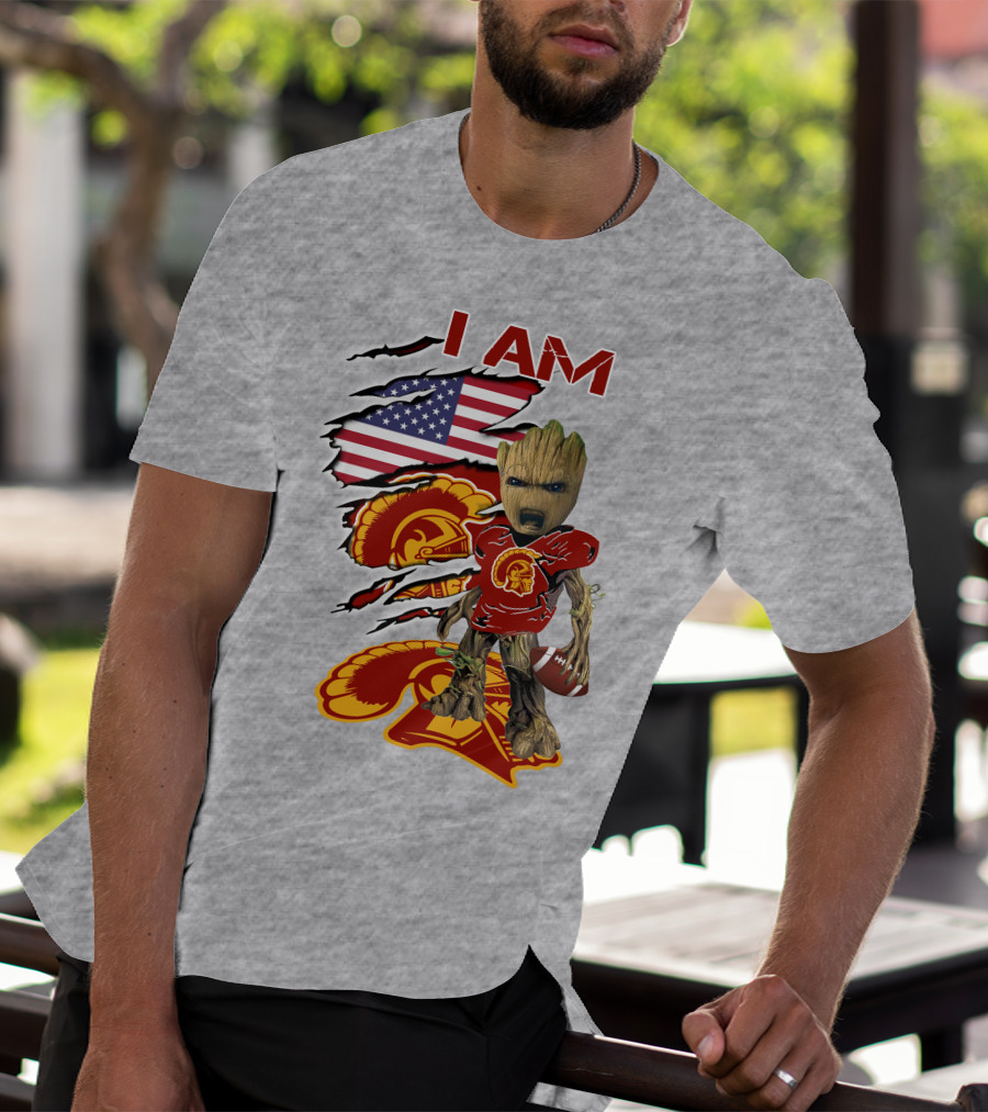 I AM Trojans Baby Groot Football American Flag T-Shirt