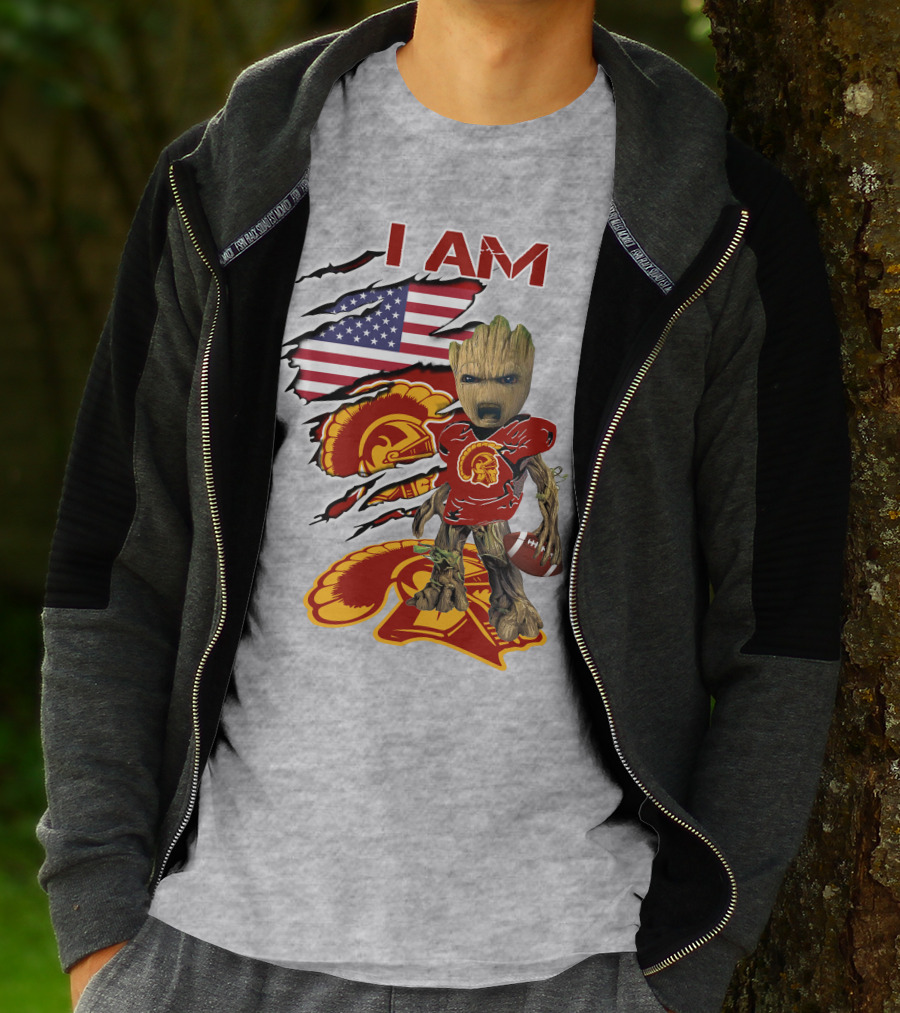 I AM Trojans Baby Groot Football American Flag T-Shirt