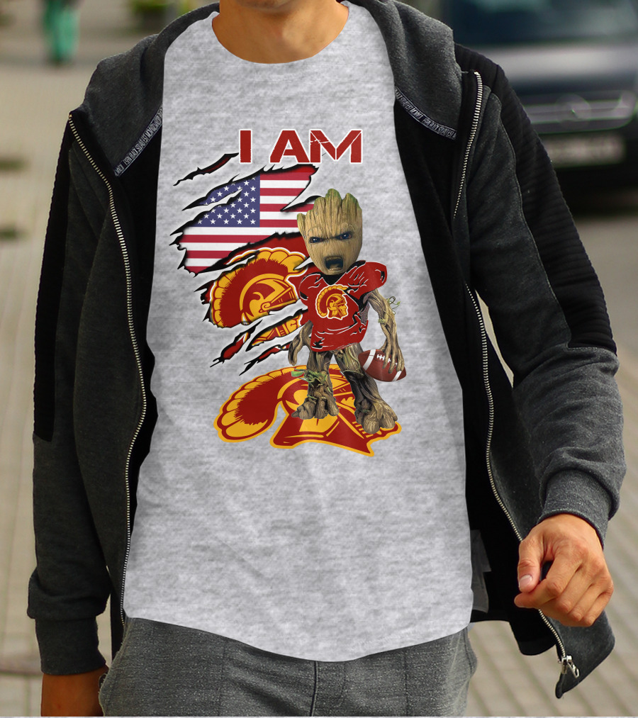 I AM Trojans Baby Groot Football American Flag T-Shirt