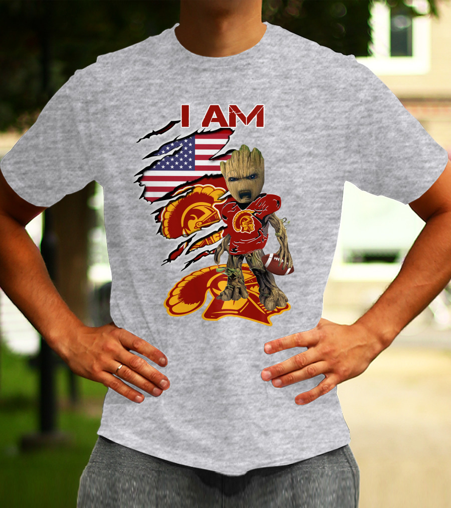 I AM Trojans Baby Groot Football American Flag T-Shirt