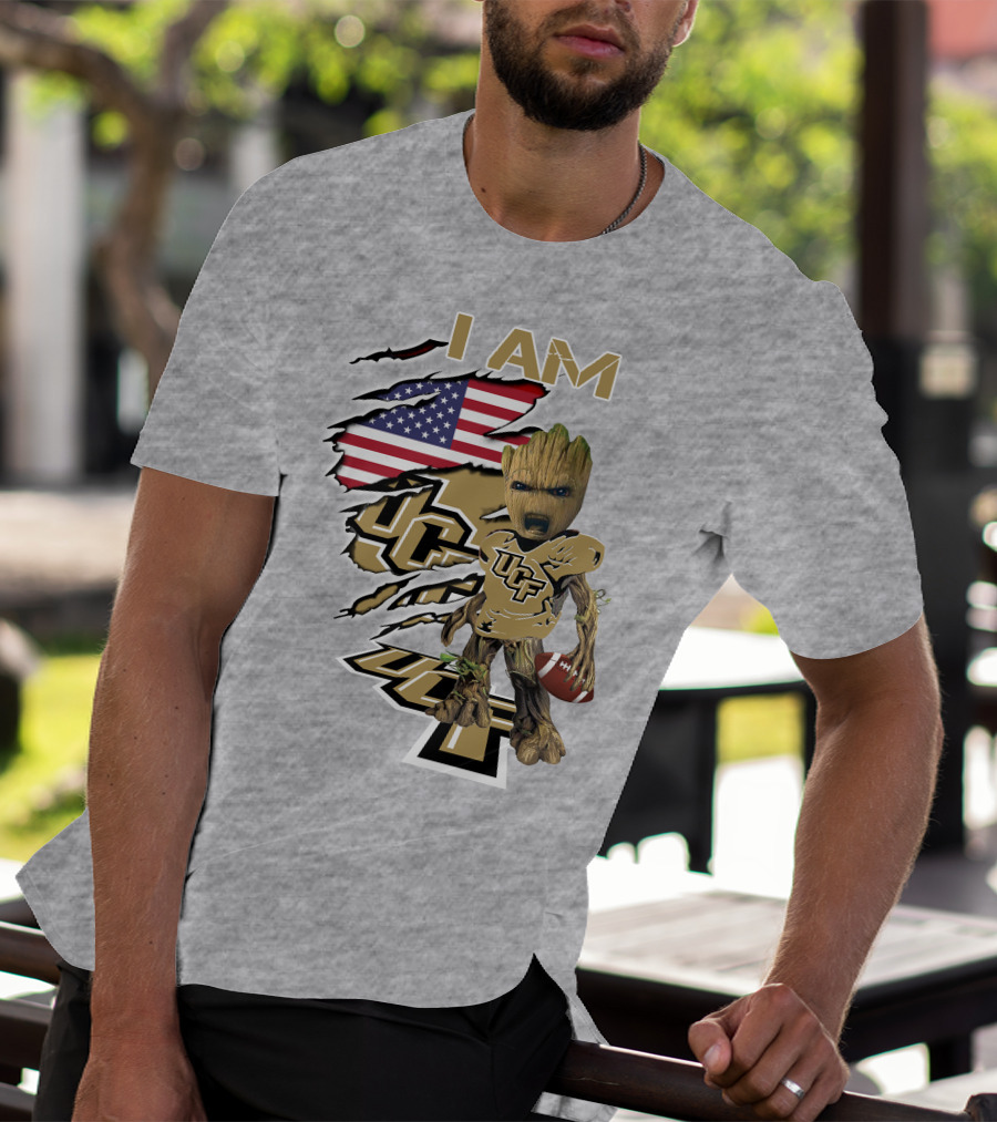 UCF Baby Groot I Am American Flag Football T-Shirt