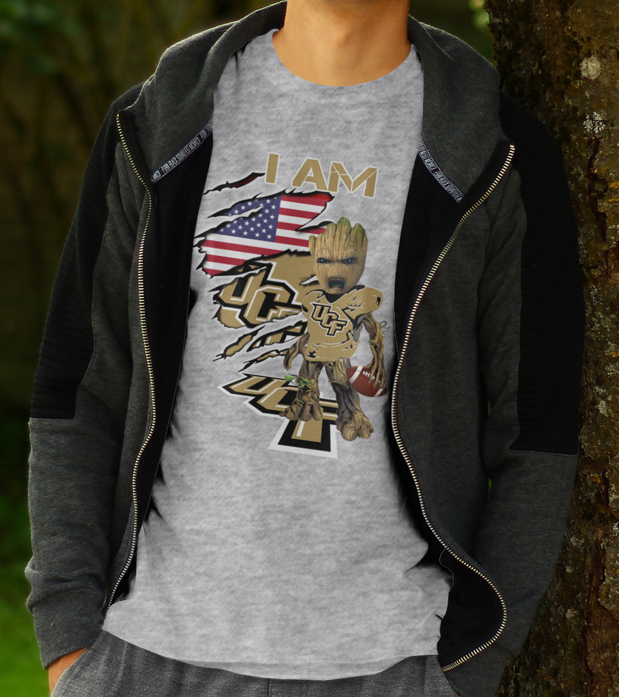 UCF Baby Groot I Am American Flag Football T-Shirt